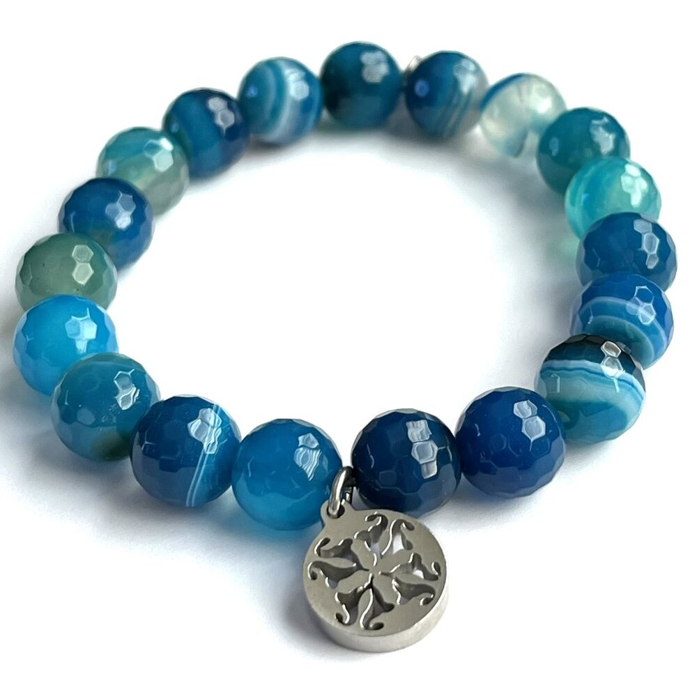 Rustic Cuff Faceted Semiprecious Blue Ocean Agate Stones Beaded Stretch Bracelet